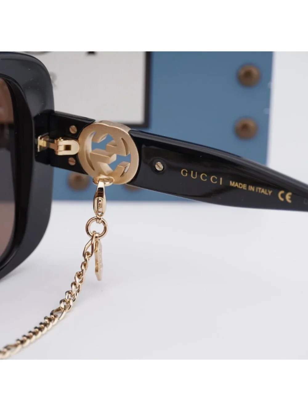 Gucci GG1029SA 005 Square Sunglasses - Black with Gold Chain\Brown
